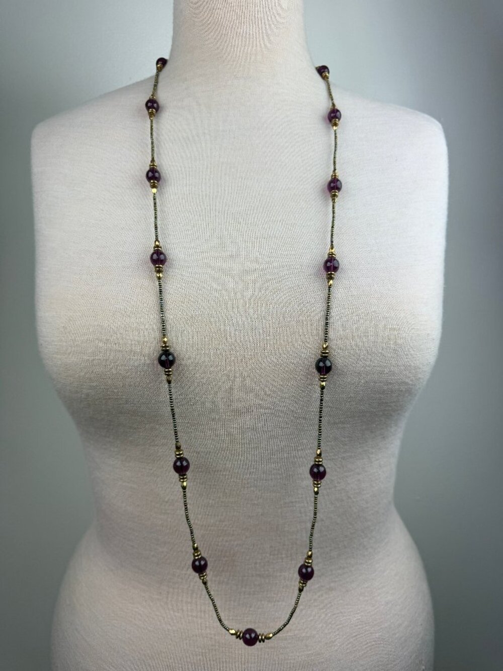 Gold Tone Purple Glass Beaded Flapper Length Necklace 48"